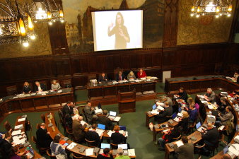 Blick in den Ratssitzungssaal. Im Saal viertelkreisförmige Stuhl-/Tischreihen, Präsidium und Rednerpult, Leinwand mit Gebärdendolmetscherin