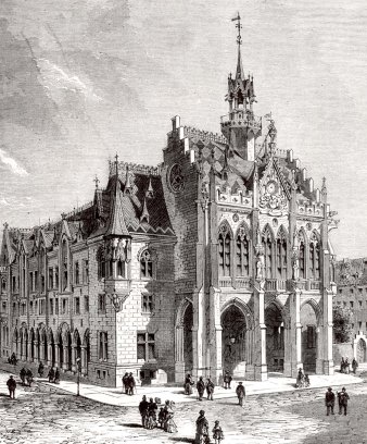 schwarz-weiß Zeichnung des Gebäudes mit flanierenden Menschen auf dem Platz