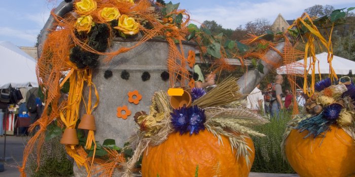 Herbstlich geschmückter Stand eines Blumenhändlers