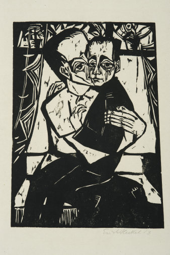 Holzschnitt von zwei Männern, die sich umarmen, in schwarz-weiß