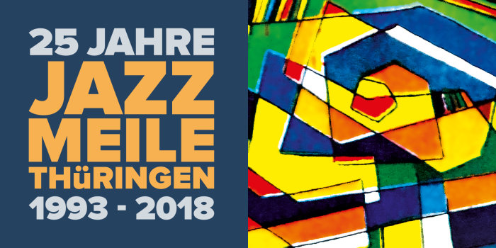 Jazzmeile-Logo 2018 links der Schriftzug „25 Jahre Jazzmeile Thüringen“ und rechts ein Feld mit bunten Strukturen