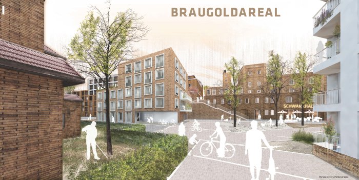 Braugoldareal, Blick in den Innenbereich, 1. Preis Modellgrafik mit Planungsgbäuden
