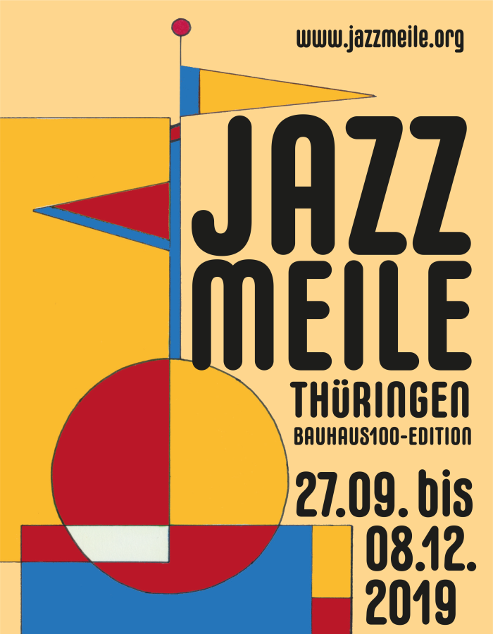 Logo Jazzmeile 2019 farbige Grafik mit Text und Termin