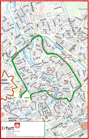 Kartenausschnitt Erfurter Innenstadt mit eingezeichneter Zugstrecke des Karnevalsumzugs 2024