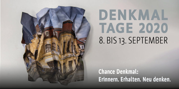 Denkmaltage2020 Plakat ein zerknülltes Blatt Papier mit dem Foto des ehemaligen Schauspielhauses ist das diesjährige Plakatmotiv der Denkmaltage