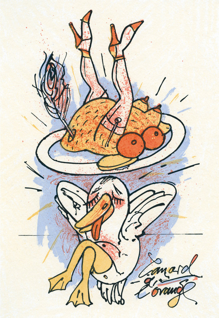 Feliks Büttner: Canard al' Orange, ohne Jahr, Siebdruck, coloriert, 29 x 21 cm colorierte Tuschezeichnung mit schlafendem Gefieder unter einem Entenbraten