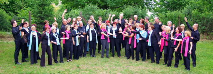 der Chor in Auftrittskleidung in der Natur auf einer Wiese