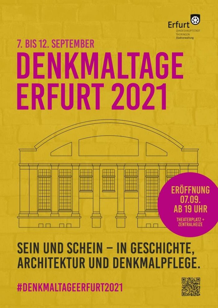Denkmaltage 2021 Poster mit Zeichnung einer Hausfassade und der Aufschrift Denkmaltage Erfurt 2021 vom 7. bis 12 September