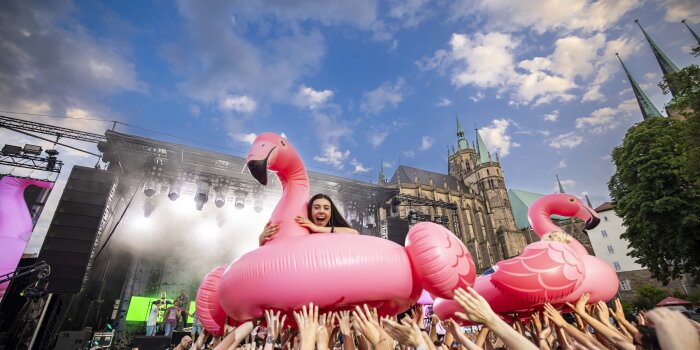 Zwei aufblasbare Flamingos, in einem Sitz ein lachendes Mädchen, die auf Händen getragen wird 