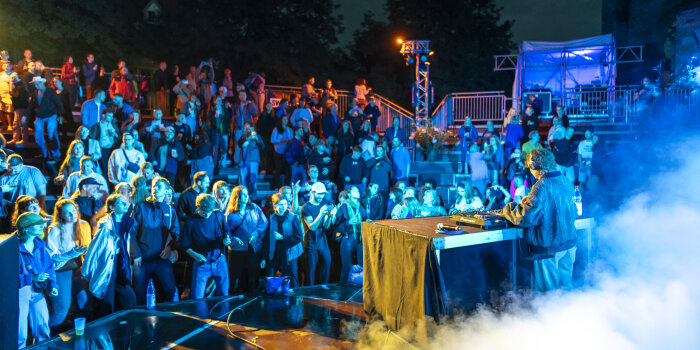 Viele Menschen vor einer Bühne, auf der Bühne steht ein DJ im Nebel 