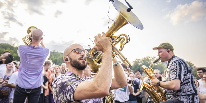 Drei Musiker mit Publikum 