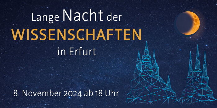 Grafik mit stilisiertem Erfurter Dom bei Nacht und Schriftzug "Lange Nacht der Wissenschaften"