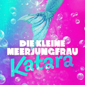 Fischflosse und Schriftzug "Die kleine Meerjungfrau Katara" auf Hintergrund in Pink-, Lila- und Blautönen