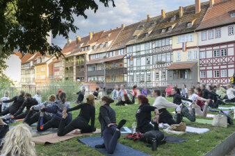 Mehrere Personen die Yoga auf einer Wiese machen, im Hintergrund stehen Fachwerkhäuser 