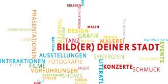bunte Wortwolke, nach Worthöhe geordnet: "Bild(er) deiner Stadt", "Malerei", "Ausstellungen", "Tanz", "Synergien", "Interaktionen", Fotografie", "Konzerte", "Schmuck", "Shows", "Grafik", "Events" und viele andere