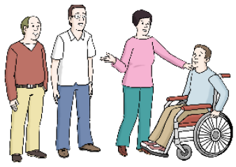 Illustration einer Frau, die einen Rollstuhlfahrer zwei weiteren Personen vorstellt.
