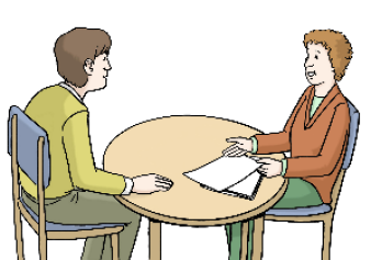 Illustration eines Tisches, an dem sich zwei Personen beraten.