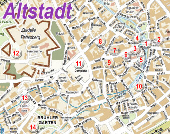 Der Stadtplan der Erfurter Innenstadt mit roten Nummern der Veranstaltungszentren