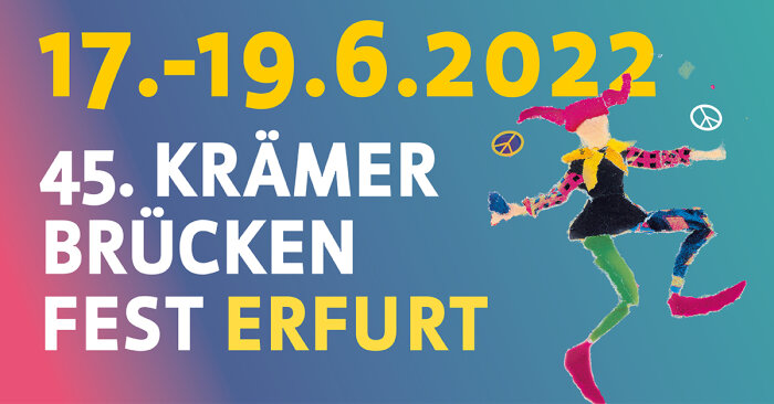 Banner Krämerbrückenfest 2022 Ein Plakat mit der Aufschrift 45. Krämerbrückenfest Erfurt mit einer Grafik von Till Eulenspiegel