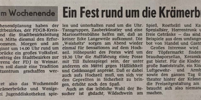 Zeitungsmeldung mit Titel: Ein Fest rund um die Krämerbrücke