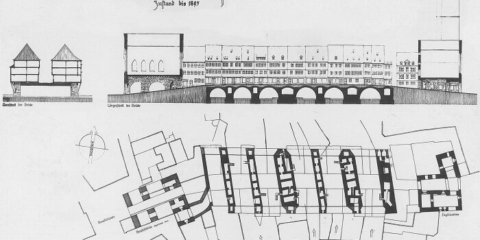 Grafik mit der Darstellung der Krämerbrücke als Seitenansich und Draufsicht
