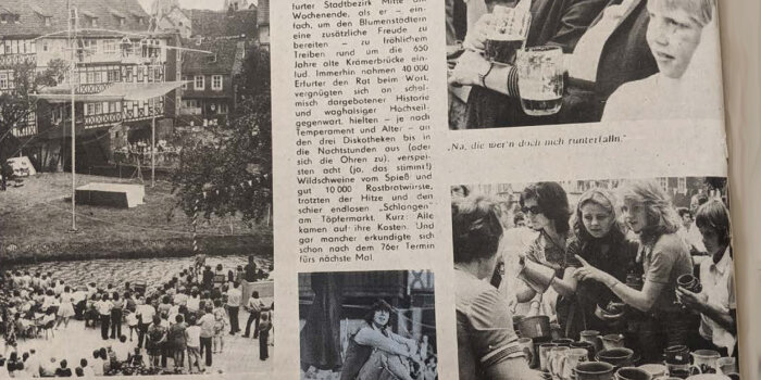 alte Zeitungsseite mit Texten und Fotos zum ersten Volksfest Rund um die Krämerbrücke