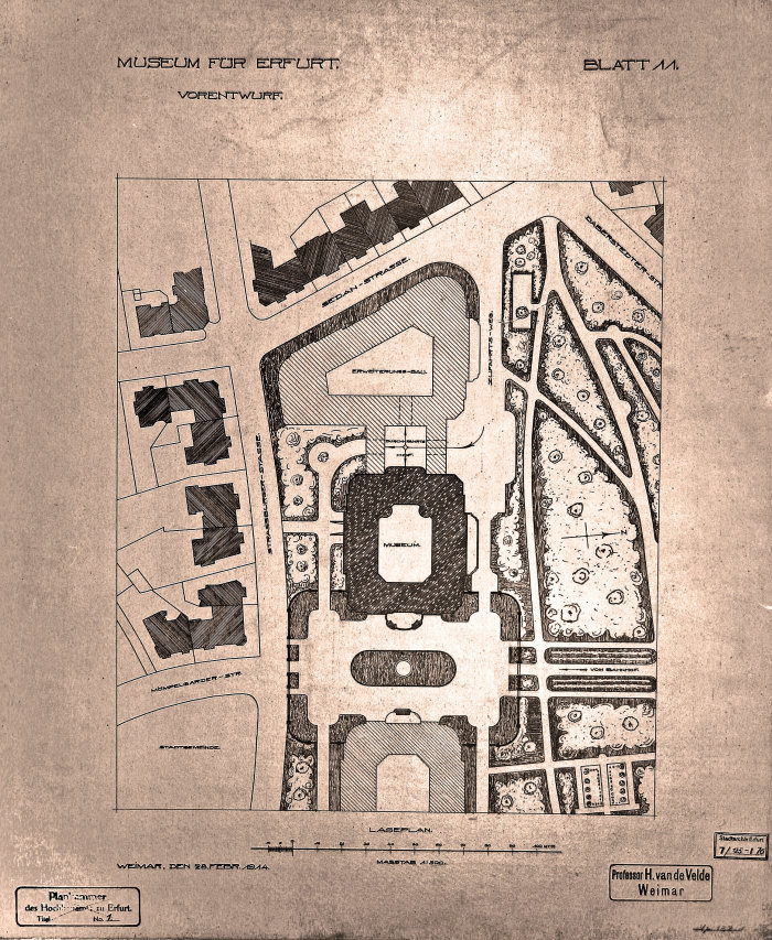Henry van de Velde (Antwerpen 1863-1957 Zürich) Lageplan für den Erfurter Museumsneubau auf der Daberstädter Schanze,1913.Maßstab 1 : 500, Maße: 72 × 60 cm Technische Zeichnung mit Stempel Prof. H. van de Velde, Weimar