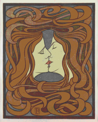Die Gesichter des Paares befinden sich in der Mitte des Bildes, die Münder berühren sich, die umgebenden Haare sind in Jugendstil-Ornamentik dargestellt