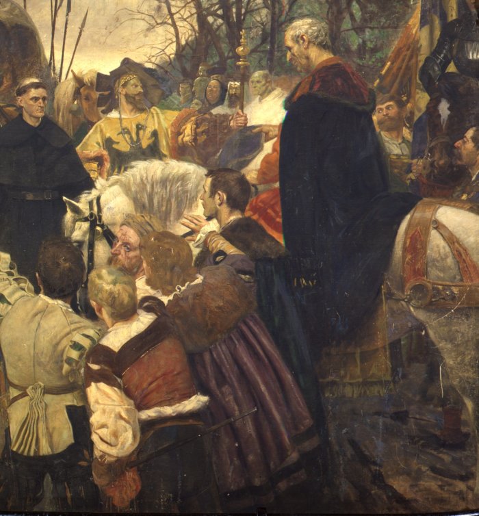 Luther auf der Reise zum Reichstag nach Worms / Eduard Kämpffer Verschiedene Menschen empfangen den Mönch Luther