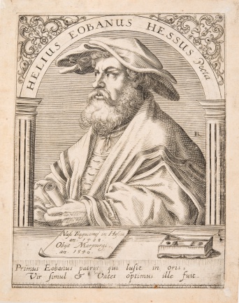 Foto: Theodor de Bry: Bildnis Eoban Hesse. Kupferstich, 16. Jahrhundert. © Stadtmuseum Erfurt / Luther-Sammlung Ein Mann mit Hut und Papier. Darüber ein Schriftzug.