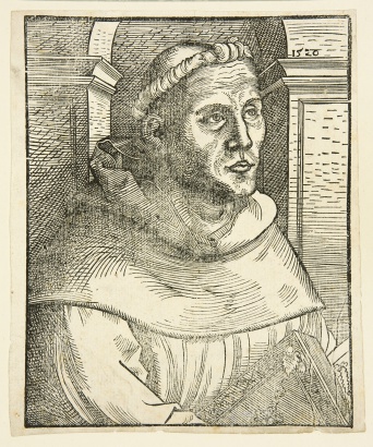 Luther in der Kutte, mit einem Buch in der Hand.
