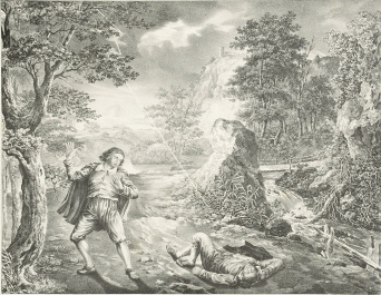 Foto: Luther sieht den Tod des Freundes Alexius voraus © Stadtmuseum Erfurt / Luther-Sammlung Ein stehender Mann, rechts ein auf dem Boden liegender Mann. Beide in einer Landschaft