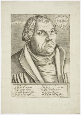 Der ältere Luther im Mantel. Im unteren Bereich ein Textfeld mit historischer Schrift. Rechts oben ein Herz, darin ebenso ein Schriftfeld.