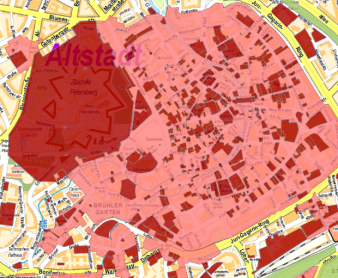 Foto: Geoportal Erfurt: Ausschnitt Altstadt © Stadtverwaltung Erfurt Stadtplan Erfurt mit einzeichneten Flächen der Denkmäler