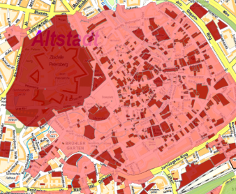 Stadtplan Erfurt mit einzeichneten Flächen der Denkmäler