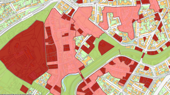 Foto: Geportal Erfurt: Südosten der Kernstadt mit Ensembles, Sachgesamtheit ehemaliger Cyriaksburg und verschiedenen historischen Park- und Gartenanlagen © Stadtverwaltung Erfurt Stadtplan Erfurt mit einzeichneten Flächen der Denkmäler