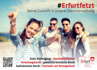 fünf Jugendliche und Text: #Erfurtfetzt, Deine Zukunft in unserer Stadtverwaltung