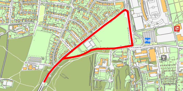 Südliche Stadteinfahrt - Lage Stadtkarte mit roter Markierung