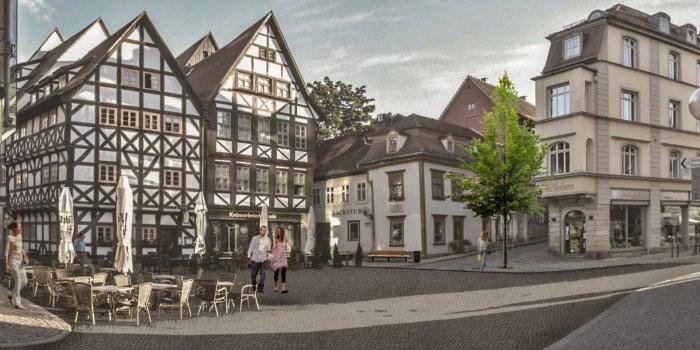 Foto: Visualisierung Umgestaltung Benediktsplatz © Stadtverwaltung Erfurt fotorealistische Darstellung des Platzes mit Freiflächen für Stühle und Tische und Baum