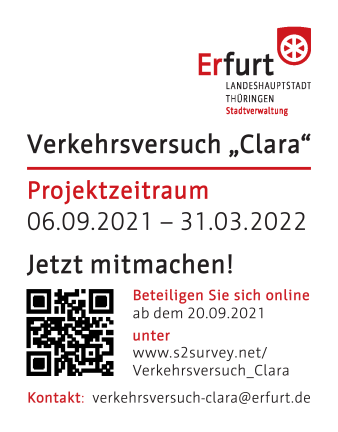 Grafik: Verkehrsversuch „Clara“ – Beteiligung © Stadtverwaltung Erfurt Text und Grafik mit Beteiligungsinfos