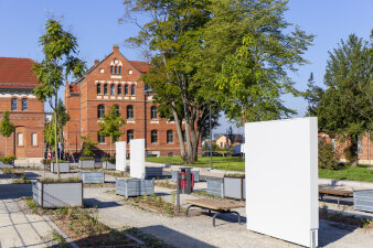 Kübel mit Bäumen und große weiße Wände stehen in einem Park, im Hintergrund Backsteingebäude