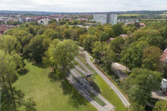 Luftaufnahme eines im Zick-Zack verlaufenden Wegs in einer Parklandschaft