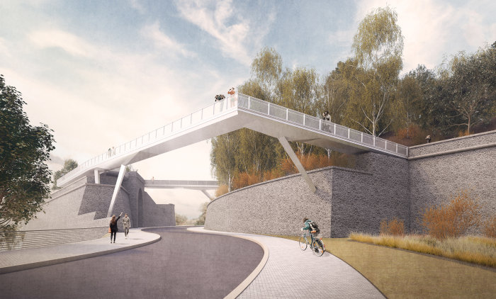 Petersberg: Bastionskronenpfad (Visualisierung) Zwischen zwei Festungsmauern verbindende Brücke