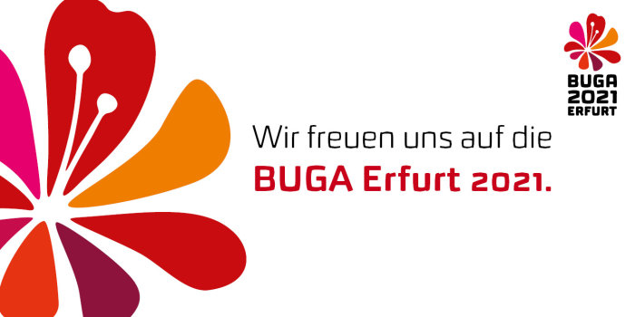 Buga 2021 - Wir freuen uns auf die Buga Erfurt 2021 Logo, farbiges Blütenblatt und Text
