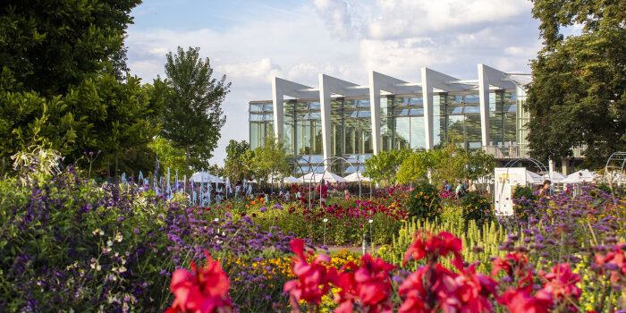 im Vordergrund Blumenbeete, im Hintergrund ein Gebäude mit großen Glasfronten