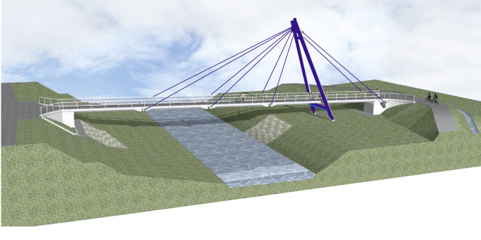 Grafik: Visualisierung der Pappelstiegbrücke © Ingenieurbüro Kleb GmbH computererstellte Visualisierung der Pylonbrücke mit Gelände und Fluss