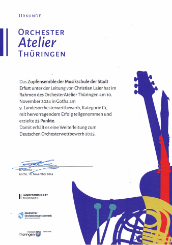 Urkunde zum Landesorchesterwettbewerb 2024