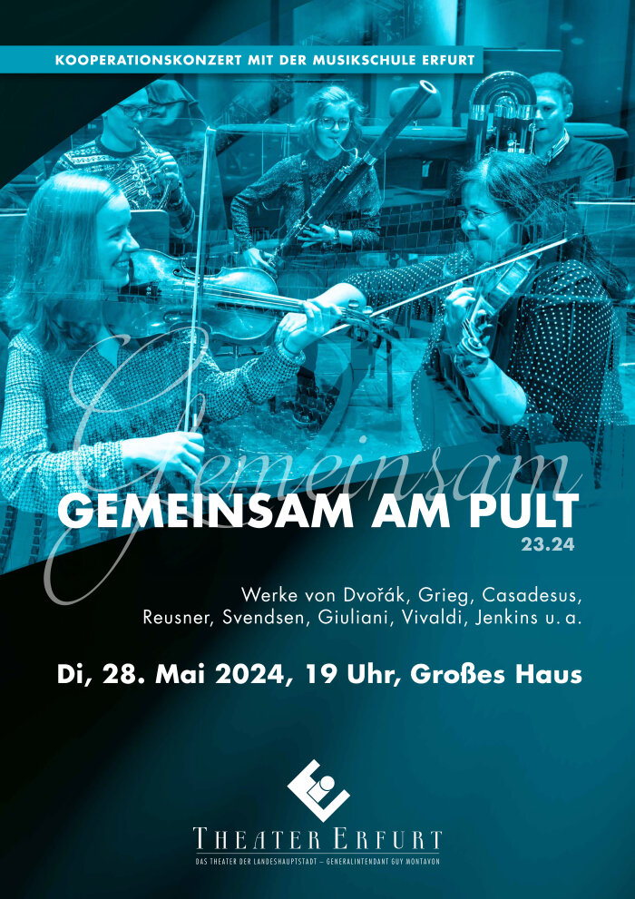 Plakt zum Konzert "Gemeinsam am Pult 2024" - LehrerInnen und SchülerInnen gemeinsam Instrument spielend