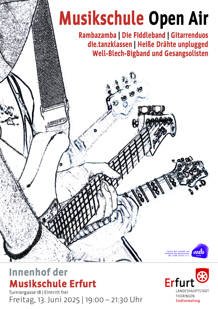 Band Open Air - Krämerbrückenfest an der Musikschule 2025 Plakat mit Silouetten von E-Gitarren