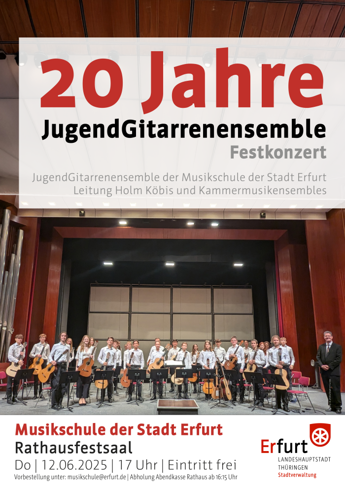 Festkonzert "20 Jahre JugendGitarrenensemble" Plakat zum Konzert mit jungen Gitarrenspielern in schwarz weiß gekleidet auf einer Bühne